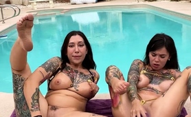 Tattooed Lesbian Hotties Masturbating Together Poolside