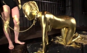 Submissive Asian Slut Painted In Gold Makes Herself Cum Hard